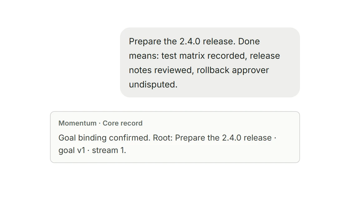You describe what done means; Momentum records the goal binding: goal v1 · stream 1