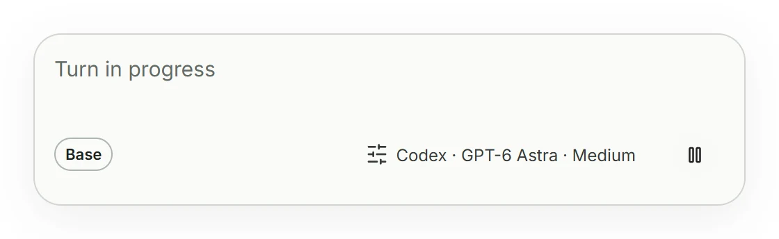 The composer mid-turn on Codex · GPT-6 Astra, with the pause button