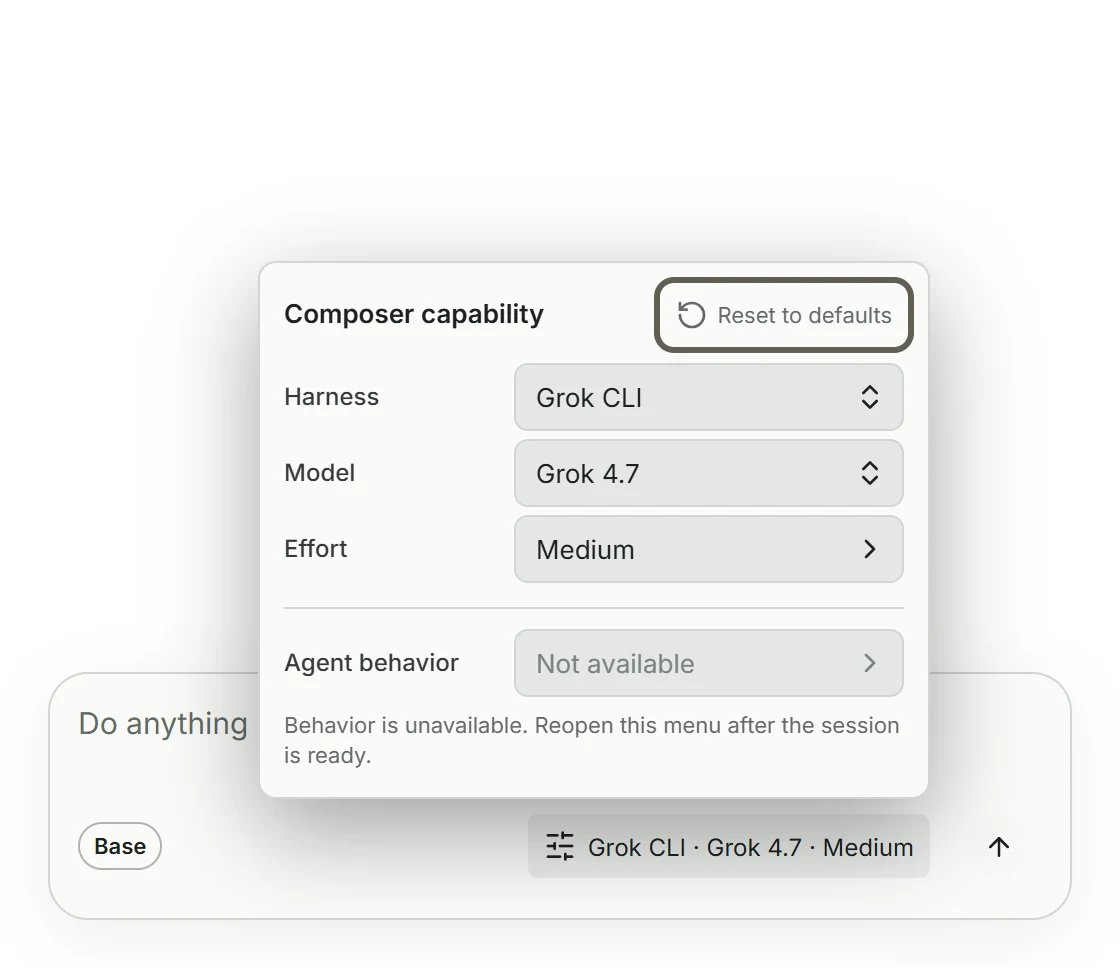 The composer capability menu with Grok CLI · Grok 4.7 selected
